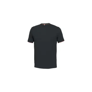 Czarny t-shirt z krótkim rękawem i okrągłym dekoltem, wykonany z bawełny. Na rękawach widoczne są subtelne, kolorowe paski.