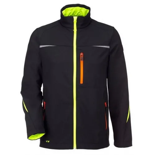 Czarna kurtka softshell z jaskrawozielonymi akcentami na kołnierzu i zamkach. Posiada trzy kieszenie zapinane na pomarańczowe zamki oraz odblaskowe paski na piersi.