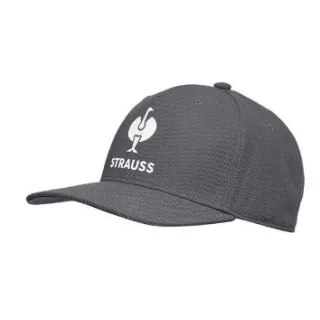 Szara czapka z daszkiem z białym logo ptaka i napisem "STRAUSS" z przodu. Czapka ma klasyczny krój z sześcioma panelami i otworami wentylacyjnymi.