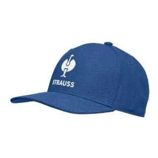 Niebieska czapka z daszkiem z białym logo ptaka i napisem "STRAUSS" z przodu. Czapka ma klasyczny kształt z sześcioma panelami i otworami wentylacyjnymi.
