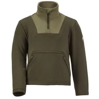 Dziecięca bluza w kolorze oliwkowym z wysokim kołnierzem i krótkim zamkiem błyskawicznym. Posiada kieszeń typu kangurka na przodzie.