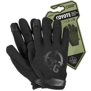Czarne rękawice taktyczne Reis RTC Coyote z widocznym logo i teksturą na dłoniach, prezentowane obok opakowania. Opakowanie jest zielone z grafiką rękawicy i informacjami o produkcie.