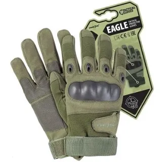 Zielone rękawice taktyczne z wzmocnieniami na kostkach i zapięciem na rzep. Obok rękawic znajduje się opakowanie z napisem "Eagle Tactical Protective Gloves".