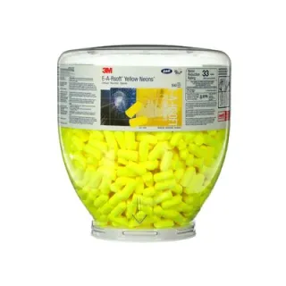 Pojemnik z przezroczystego plastiku zawiera żółte wkładki przeciwhałasowe 3M E-A-Rsoft Yellow Neons. Na etykiecie znajdują się informacje o produkcie i logo 3M.