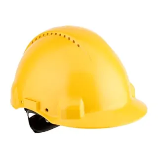 Żółty kask ochronny z otworami wentylacyjnymi na górze. Kask posiada regulowany pasek wewnętrzny dla lepszego dopasowania.