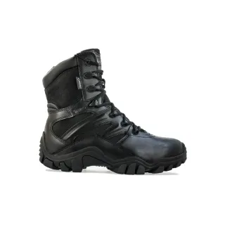 Czarne buty trekkingowe Bates 8 Delta Side Zip z wysoką cholewką i solidną podeszwą. Wykonane z połączenia skóry i materiału tekstylnego, z bocznym zamkiem błyskawicznym.