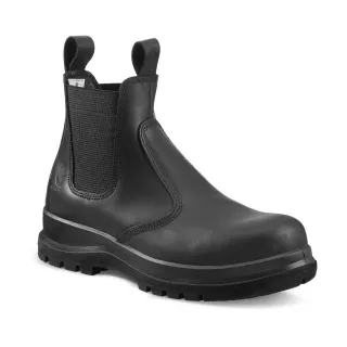 Czarne, skórzane buty ochronne Carhartt Carter Rugged Flex S3 z elastycznymi wstawkami po bokach i solidną, antypoślizgową podeszwą. Buty mają pętelki ułatwiające zakładanie i są zaprojektowane z myślą o trwałości i komforcie.