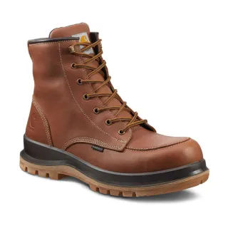 Brązowe, skórzane buty robocze Carhartt Hamilton Rugged Flex Waterproof S3 z solidną podeszwą i sznurowaniem. Buty mają wzmocniony nosek i są zaprojektowane do pracy w trudnych warunkach.