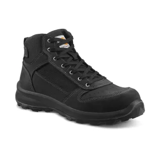 Czarne buty ochronne Carhartt Michigan Rugged Flex S1P z wysoką cholewką i sznurowaniem. Posiadają solidną podeszwę i wzmocnienia na palcach, idealne do pracy w trudnych warunkach.