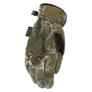 Rękawice Mechanix w kamuflażu Realtree Edge z widocznym logo na wierzchu dłoni. Posiadają zapięcie na rzep i wzmacniane wstawki na palcach.