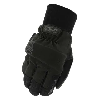 Rękawice zimowe Mechanix ColdWork Canvas Utility w kolorze ciemnozielonym z czarnymi wstawkami i elastycznym mankietem. Na wierzchu rękawicy widoczne jest logo producenta oraz napis "DuraHide".