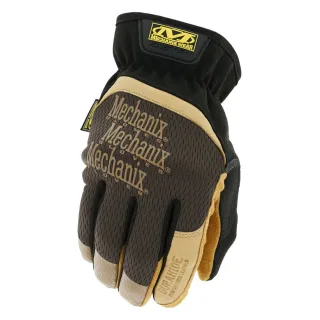 Rękawice ochronne Mechanix Durahide FastFit w kolorze beżowym i czarnym, z widocznym logo na wierzchu dłoni. Wykonane z wytrzymałego materiału, przeznaczone do prac mechanicznych.