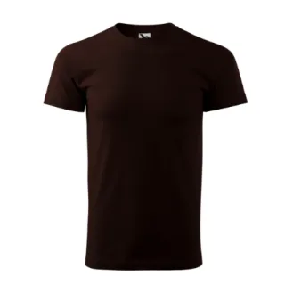 Kakaowy t-shirt męski o prostym kroju z krótkim rękawem. Koszulka jest jednolita, bez wzorów, z okrągłym dekoltem.