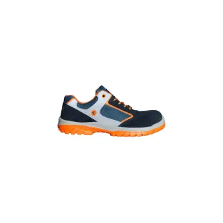 Buty ochronne w kolorze granatowym z pomarańczowymi i szarymi akcentami. Posiadają solidną podeszwę i są przeznaczone do użytku w warunkach przemysłowych.