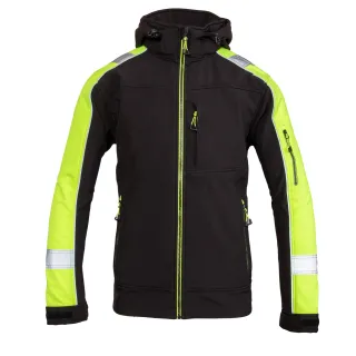 Czarna kurtka softshell z jaskrawożółtymi wstawkami na rękawach i ramionach oraz odblaskowymi paskami. Posiada zamek błyskawiczny na środku, kieszenie boczne i kieszeń na piersi.