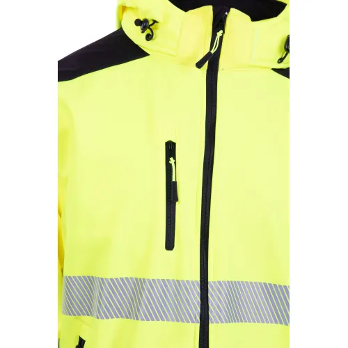 Jasnożółta kurtka softshell z czarnymi akcentami i odblaskowym paskiem na piersi. Posiada zamek błyskawiczny na środku oraz kieszeń na piersi z pionowym zamkiem.