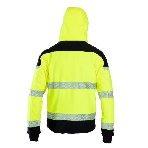 Kurtka softshell w kolorze jaskrawożółtym z czarnymi akcentami i odblaskowymi pasami, widoczna od tyłu. Posiada kaptur i długie rękawy, idealna do pracy w warunkach wymagających wysokiej widoczności.