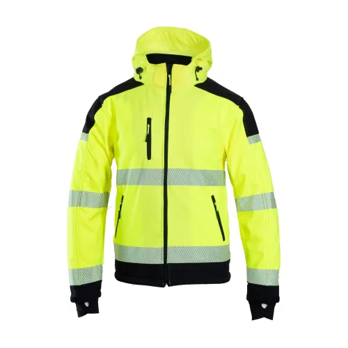 Jasnożółta kurtka softshell z czarnymi wstawkami i odblaskowymi pasami na rękawach oraz tułowiu. Posiada kaptur, zamek błyskawiczny i kieszeń na piersi.