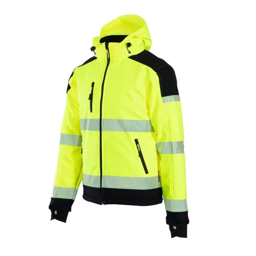 Jasnożółta kurtka softshell z czarnymi akcentami i odblaskowymi pasami na rękawach oraz tułowiu. Kurtka posiada kaptur i kilka kieszeni zapinanych na zamek.
