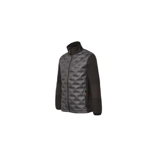 Czarna kurtka softshell z pikowanym przodem i gładkimi rękawami, posiada zamek błyskawiczny oraz kieszenie z pomarańczowymi suwakami. Materiał wygląda na wodoodporny i odporny na wiatr, idealny na chłodniejsze dni.