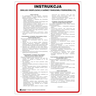 Instrukcja obsługi i eksploatacji gaśnicy śniegowej przewoźnej CO₂ w formie tablicy z czerwonym obramowaniem. Zawiera szczegółowe informacje dotyczące użytkowania i bezpieczeństwa.