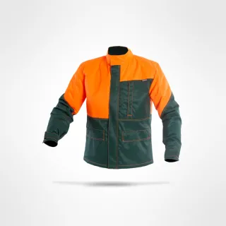 Na zdjęciu znajduje się bluza robocza w kolorze pomarańczowo-zielonym z długimi rękawami i wysokim kołnierzem. Bluza ma kilka kieszeni z przodu i jest przeznaczona do pracy w trudnych warunkach.