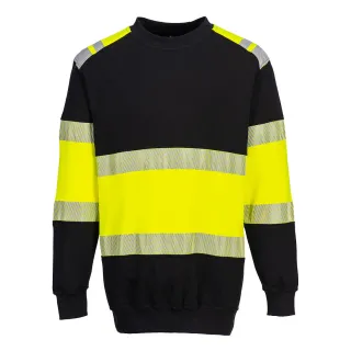 Czarna bluza z długim rękawem posiada jaskrawożółte, odblaskowe pasy na klatce piersiowej, rękawach i ramionach. Bluza jest przeznaczona do użytku w warunkach wymagających zwiększonej widoczności i ochrony przed ogniem.