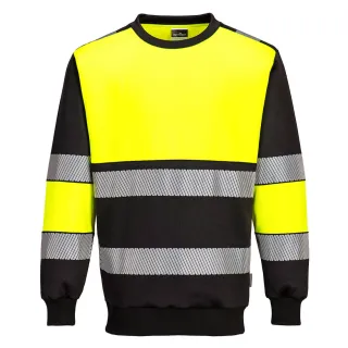 Bluza ostrzegawcza w kolorze żółtym z czarnymi rękawami i pasami odblaskowymi. Produkt klasy 1 marki Portwest, model PW376.