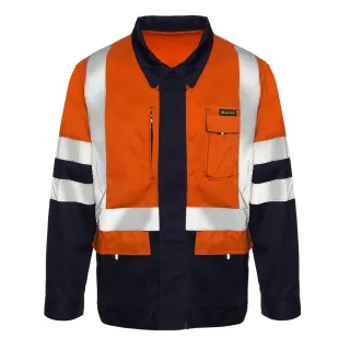 Pomarańczowo-granatowa bluza robocza z odblaskowymi pasami na rękawach i torsie. Bluza posiada kieszenie na piersi i zapięcie na suwak.