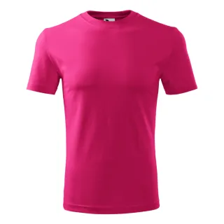 Męski t-shirt w intensywnym różowym kolorze, z krótkimi rękawami i okrągłym dekoltem. Koszulka jest gładka, bez wzorów i ozdób.