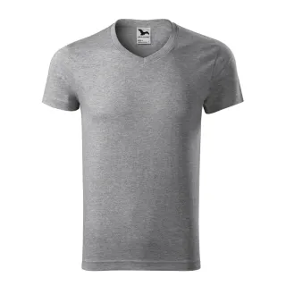 Szary t-shirt męski slim fit z dekoltem w serek. Koszulka ma prosty krój i jest wykonana z gładkiego materiału.