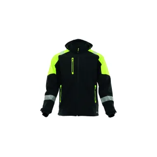 Czarna kurtka softshell z neonowo-żółtymi wstawkami na ramionach i kieszeniach, posiada odblaskowe elementy na rękawach. Kurtka ma zamek błyskawiczny na środku oraz kieszeń na piersi.
