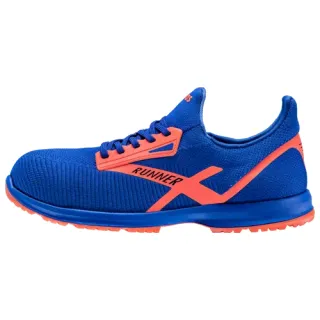 Niebieski półbut ochronny Atlas Runner S1P ESD z pomarańczowymi akcentami i sznurowadłami. But posiada sportowy design z widocznym logo na boku.