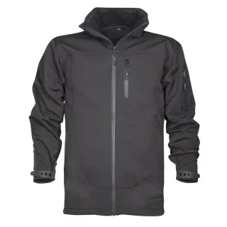 Czarna kurtka typu softshell z wysokim kołnierzem i zamkiem błyskawicznym na środku. Posiada kieszenie zapinane na zamek na piersi i rękawie oraz regulowane mankiety.