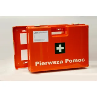 Pomarańczowa apteczka zakładowa z tworzywa sztucznego ABS z białym krzyżem na zielonym tle i napisem "Pierwsza Pomoc" na froncie. Apteczka jest otwarta, ukazując wnętrze z miejscem na wyposażenie.