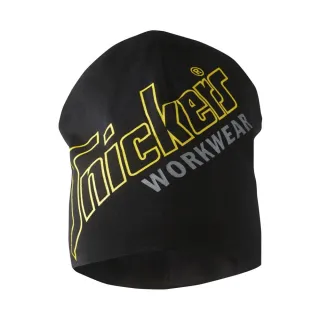 Czarna czapka beanie z dużym, żółtym logo "Snickers Workwear" na przodzie. Wykonana z bawełny, idealna na chłodniejsze dni.