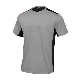 Szary t-shirt z czarnymi panelami po bokach i na ramionach. Na lewym ramieniu znajduje się pomarańczowe logo.