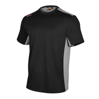Czarny t-shirt z szarymi panelami po bokach i pomarańczowym logo na ramieniu. Koszulka ma prosty krój i okrągły dekolt.