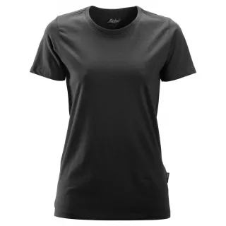 Czarny damski t-shirt z krótkim rękawem, wykonany z gładkiego materiału. Na karku widoczne jest logo marki Snickers.