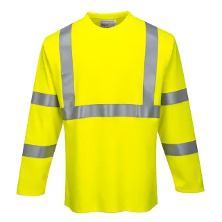 Żółty, trudnopalny t-shirt ostrzegawczy z długimi rękawami, wyposażony w srebrne odblaskowe pasy na klatce piersiowej, ramionach i rękawach. Koszulka ma prosty krój i okrągły dekolt.