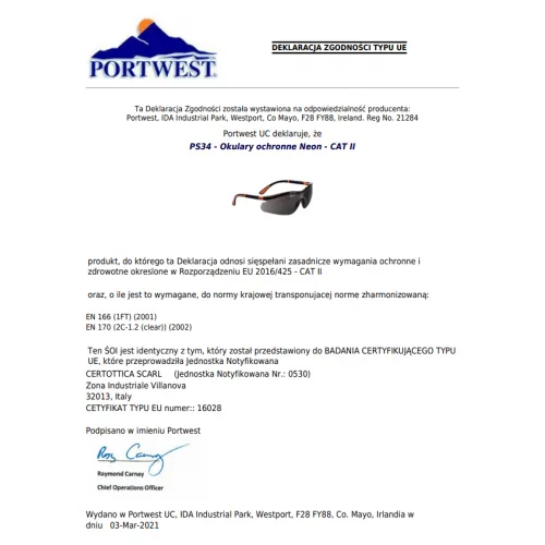 Zdjęcie przedstawia certyfikat zgodności UE dla okularów ochronnych Neon PS34 marki Portwest, z logo firmy na górze. Dokument zawiera szczegóły dotyczące norm i certyfikatów związanych z produktem.
