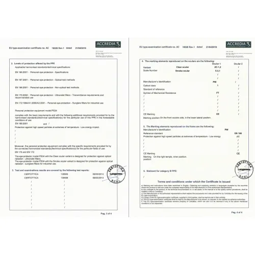 Dokument przedstawia certyfikat zgodności dla okularów ochronnych, zawierający szczegóły dotyczące norm i specyfikacji technicznych. Na certyfikacie znajdują się pieczęcie, podpisy oraz informacje o testach i wynikach badań.