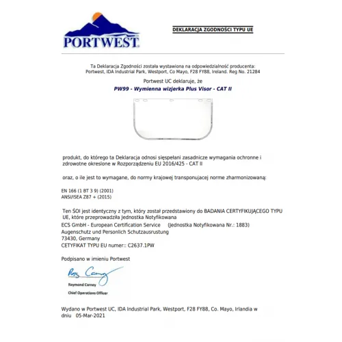 Dokument przedstawia deklarację zgodności typu UE dla wymiennej wizjerki Plus Visor PW99 marki Portwest. Zawiera informacje o zgodności z normami oraz dane kontaktowe producenta.