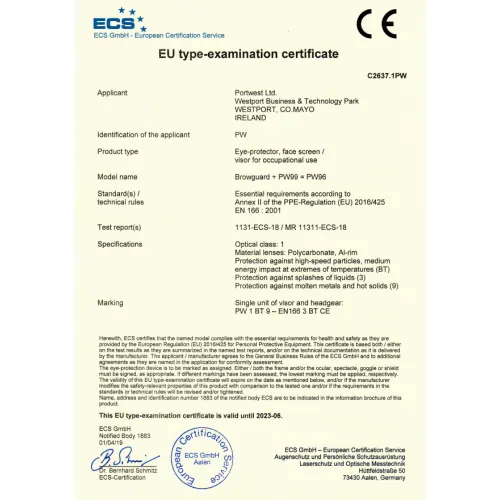 Certyfikat badania typu UE dla ochrony oczu, wydany przez ECS GmbH, zawiera szczegóły dotyczące producenta, modelu oraz norm, które spełnia produkt. Dokument jest podpisany przez przedstawiciela jednostki certyfikującej i zawiera datę ważności do 2026 roku.