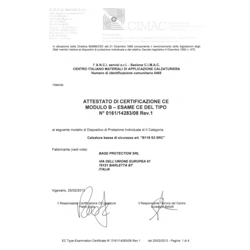 Certyfikat CE dla obuwia ochronnego "BIB S3 SRC" wydany przez CIMAC. Dokument zawiera szczegóły dotyczące producenta Base Protection SRL i numer identyfikacyjny certyfikacji.
