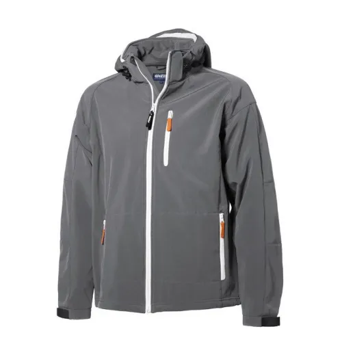 Szara kurtka softshell z kapturem, posiadająca białe zamki błyskawiczne i pomarańczowe detale przy kieszeniach. Kurtka ma prosty krój i jest przeznaczona do użytku w różnych warunkach pogodowych.