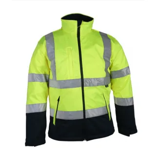 Jasnożółta kurtka softshell z odblaskowymi pasami i ciemnymi wstawkami na dole oraz rękawach. Posiada zamek błyskawiczny z przodu i kieszenie na piersi oraz po bokach.