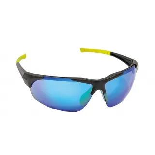 Okulary ochronne z lustrzanymi, niebieskimi soczewkami i czarno-żółtymi oprawkami. Posiadają nowoczesny, sportowy design.