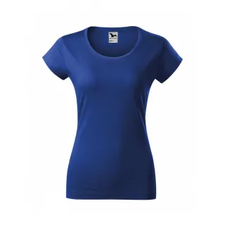 Niebieski damski t-shirt z krótkim rękawem i okrągłym dekoltem, wykonany z gładkiego materiału. Na wewnętrznej stronie kołnierza widoczna jest metka z logo producenta.