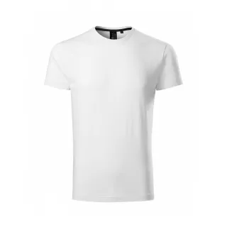 Biały t-shirt męski o prostym kroju, wykonany z gładkiego materiału. Koszulka posiada okrągły dekolt i jest przedstawiona na białym tle.
